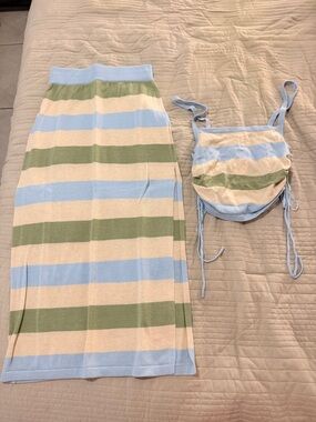 Le Lis Striped Knit Set in Light Blue, Cream & Sage